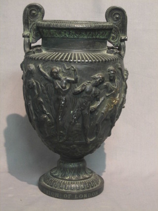A bronze twin handled urn, the body decorated with classical figures, the base marked C Delpech Red Art Union of London 1871  15"