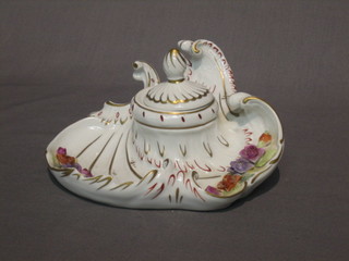 A 20th Century GDR porcelain inkwell with floral encrusted decoration 7"