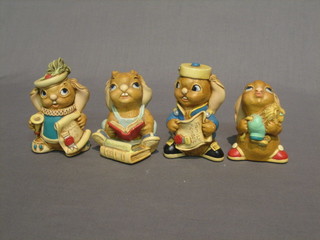 4 Pendelfin figures, rabbit with lion teddybear, seated female rabbit with book, Rabbit Herald (founder member), rabbit with scroll (family member)