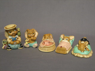 5 various Pendelfin figures, seated girl infant rabbit with ice cream, rabbit in crib, reclining rabbit (chip to ear), rabbit in bed and Pirate rabbit
