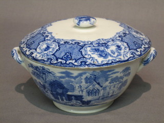 A blue and white Avey twin handled jar and cover 7"
