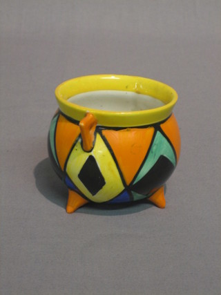 A circular Clarice Cliff Bizarre pottery circular twin handled cauldron shaped sugar bowl? 3" (slight chip to rim)