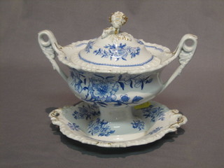 A 19th Century Stone China blue and white twin handled sauce tureen and stand with floral decoration, the base marked Stone China J & WR 9"