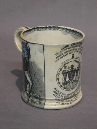A  Victorian pottery tankard decorated John Crawford, the sailor who heroically nailed Admiral Duncan's flag to the Maine by J Whitaker Fruit Preservers Sunderland