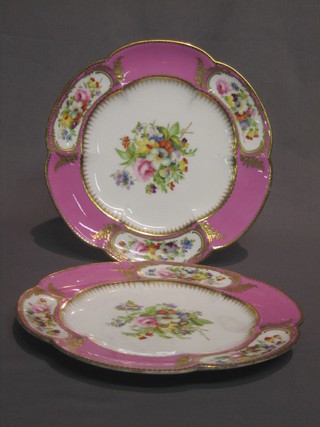 A pair of 19th Century Coalport plates with pink banding and floral decoration 9"