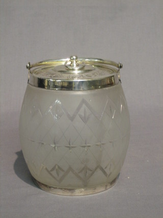 A cut glass biscuit barrel with silver plated mounts
