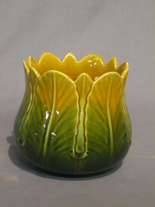 A Victorian Aultware green and yellow glazed pottery jardiniere in the form of a flower head 
