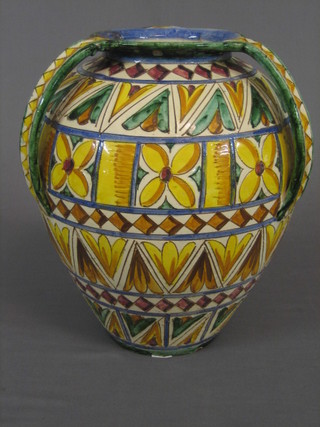 An Italian Majolica style 3 handled vase, the base marked 1190 Madin 15"