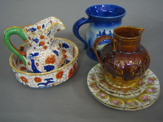 A reproduction Masons style jug and bowl, a pottery vase and other decorative items