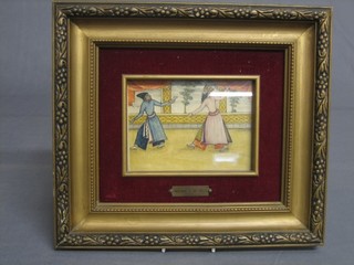A Persian miniature watercolour on paper "King with Servant within Court", the base marked miniature Du Xvi Siecle 3" x 5"
