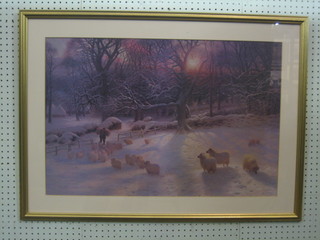 A coloured print "Snowy Landscape with Shepherd and Sheep" 19" x 29"