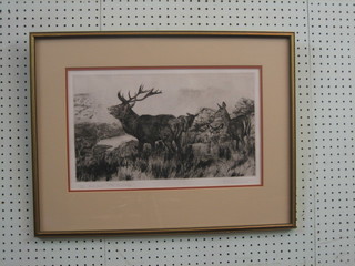 T J Greenwood, limited edition monochrome print "Red Deer - The Challenge" 10" x 16"