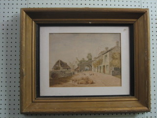 W Batt, watercolour "Toll Road with Archway, Buildings and Seated Sheep", the base marked At Hanham Nr Bristol 9" x 12"