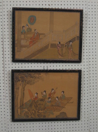 A pair of 19th Century Oriental paintings on silk "Interior Scenes with Courtly Figures and Geisha Girls" 10" x 15" contained in a lacquered style frames