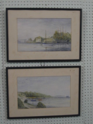 P J Larkin, pair of watercolour drawings "Shore Scenes with Clipper and Sailing Boats" 8" x 13"