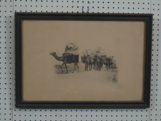 An early black and white photograph "Camel Train" 11" x 16"  indistinctly signed in the margin
