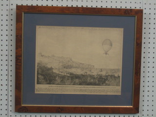 An 18th/19th Century ballooning monochrome print "Mr Blanchard and Dr Jefferies, Departing From Dover with the Balloon to the Continent 1785" contained in a simulated walnut frame 10" x 12"