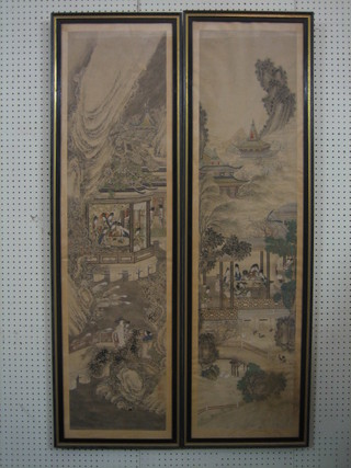 A pair of 19th Century Oriental watercolours on silk "Court/Temple Life" 51" x 11"
