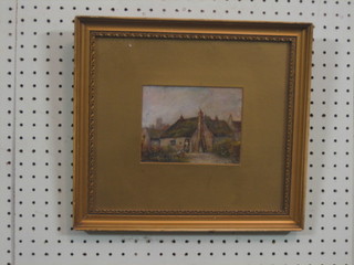 A 19th Century oil on card "Thatched Cottage with Figure, Church in Distance" 5" x 6"