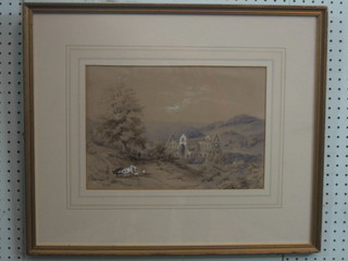 Victorian watercolour drawing "Ruined Abbey with Figure Walking" signed and dated 1842, 9" x 13"