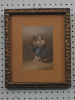 A 19th Century Baxter print "Girl with Jug and Bird" published 3rd March 1858 6" x 4" contained in a gilt frame