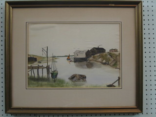 Watercolour drawing "Harbour with Boat House" 10" x 14 1/2"