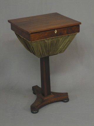 A William IV square rosewood work table of conical form, raised on a square column and triform base (lid smiling), 17"