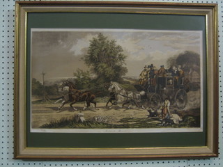 19th Century coloured print "Outwood Bound - The Leeds to York Mail Coach" 13" x 23"