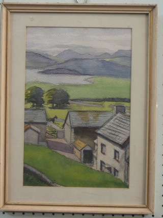 G Gillespie, impressionist watercolour "Farm House with Farm Yard and Loch in Distance" 12" x 8"