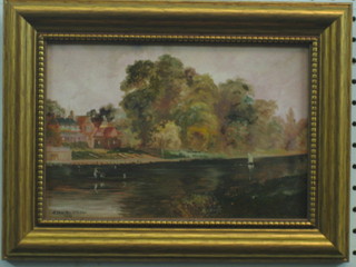 Stanley Wilson, oil on board "River Scene with Boat House and Figures" 6" x 9"