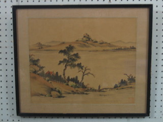 A 19th/20th Century Oriental print "Figure Standing by a Bay with Bridge" 11" x 13"
