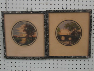 George Davis? a pair of 1930's coloured prints "Sunset Over Rivers" 4" circular,