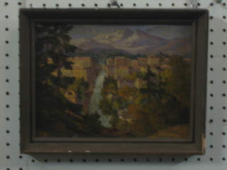 A 19th/20th Century oil on board "Continental Mountain Town with Bridge and Waterfall" 7" x 9"