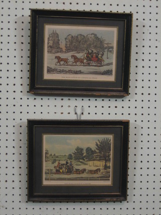 A pair of coloured coaching prints after James Pollard "The Mail Coach in a Storm of Snow" and "The Mail Coach in a Flood" engraved by G Reeves 6" x 7 1/2"