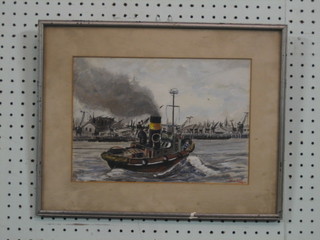 John Kitt?, watercolour "Steam Tug in Harbour" 8" x 11 1/2"