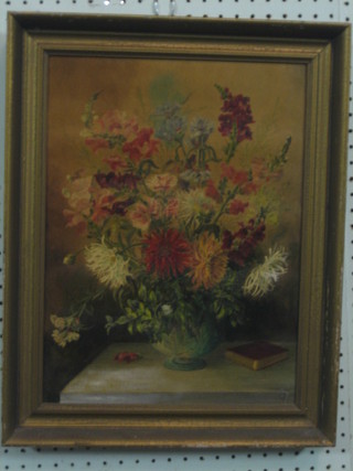 Oil on canvas, still life study "Glass Vase of Chrysanthemums on a Table with Book" 15" x 11", monogrammed CB
