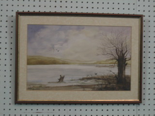 I Eamies, watercolour drawing "Wetland Scene with Moores in the Distance" 9" x 14"