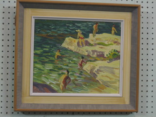 William Warden RBA, impressionist oil on board "Beach Scene with Figures Swimming" the reverse with details of artis 10" x 12"