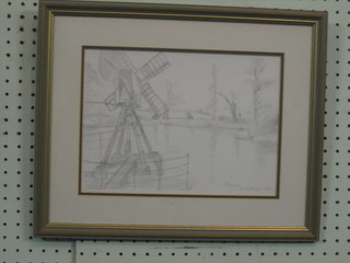 Ellen Christmas, pencil drawing "Pond with Windmill" 8" x 11" signed and dated 1988