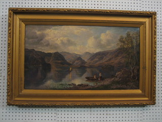 J J Hughes 19th Century oil on canvas "Derwentwater with Figures in Boat" signed and dated 1865 15" x 26"