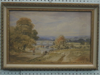 Alfred W Cox, a 19th Century watercolour drawing "Study of a River with Bridge and Cattle Watering" signed and dated 1878 10" x 17"