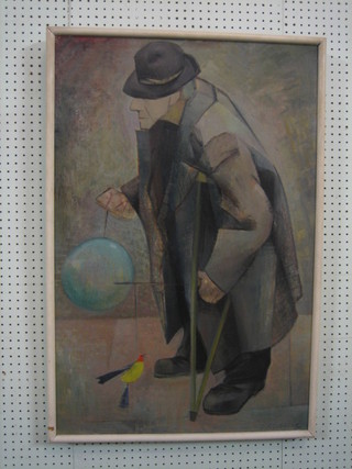 Dennis H Osborne, oil on board "The Bird Man" (shown at C.E.M.A. Gallery Belfast, the reverse with press cutting) signed and dated 1958 36" x 23"