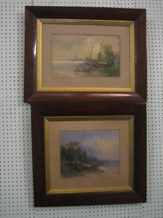 A pair of 19th Century coloured prints "Beach Scenes with Sailing Ships" 8" x 12" contained in rosewood frames
