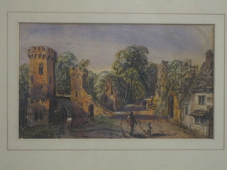 A 19th Century watercolour "Ruined Castle with Walking Figure"  5" x 9"