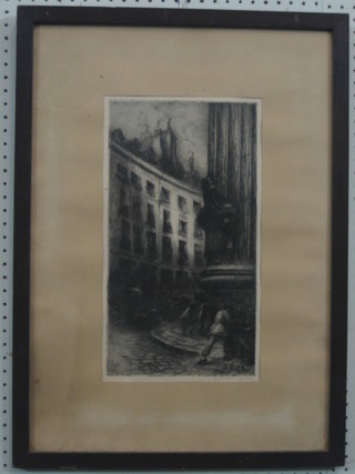 A Continental etching "Street Scene with Figures" 15" x 8" indistinctly signed