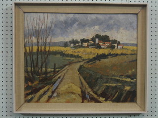 20th Century French impressionist oil painting on canvas "Rural Scene with Lane and Village in Distance" 16" x 19"