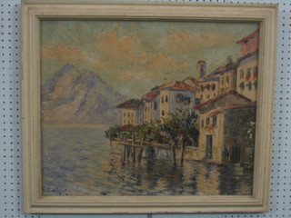 D Vichop, oil on canvas Continental impressionist scene "Quay by Mountain" 19" x 23"