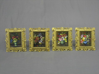 Van de Peel, a set of 4 Continental oils on board, still life studies "Vases of Flowers" 5" x 4" contained in a gilt metal frames
