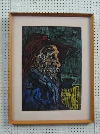 F Mameia, modern art oil painting on card "Bearded Gentleman with Pipe" 20" x 14"