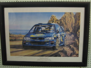 After K W Davies, limited edition coloured print "Colin Macrae and Nicki Grist on the Final Stage of the 1997 Tour of Corsica" 14" x 22"
